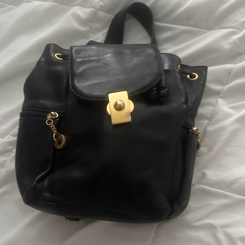 Perlina Black Leather Backpack with Gold Accents
